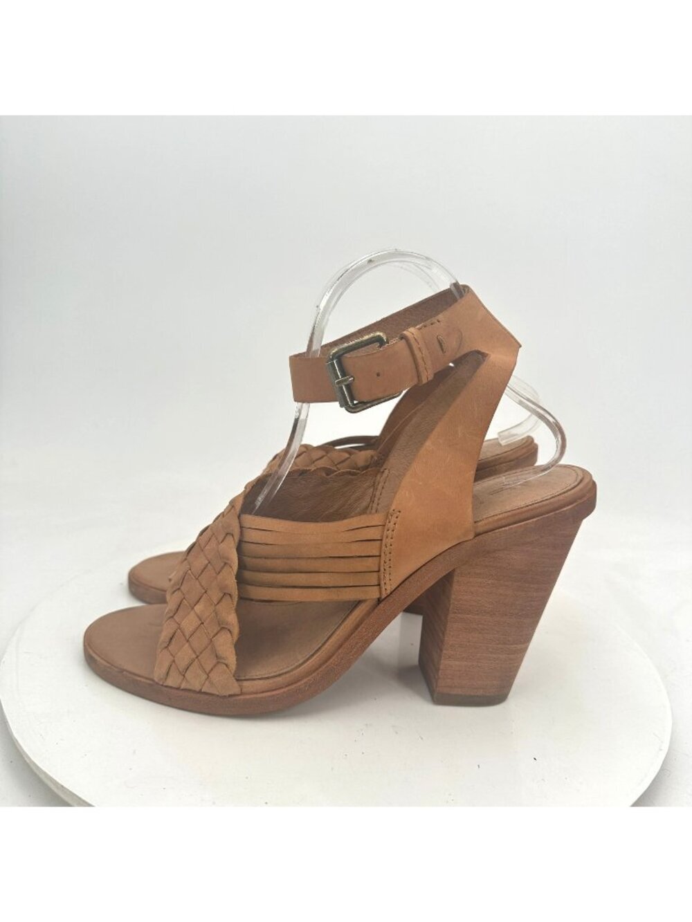 Frye Sara Criss Cross Women Sz 8.5M 3471578-Tan Brown Leather Buckle Pump Sandal